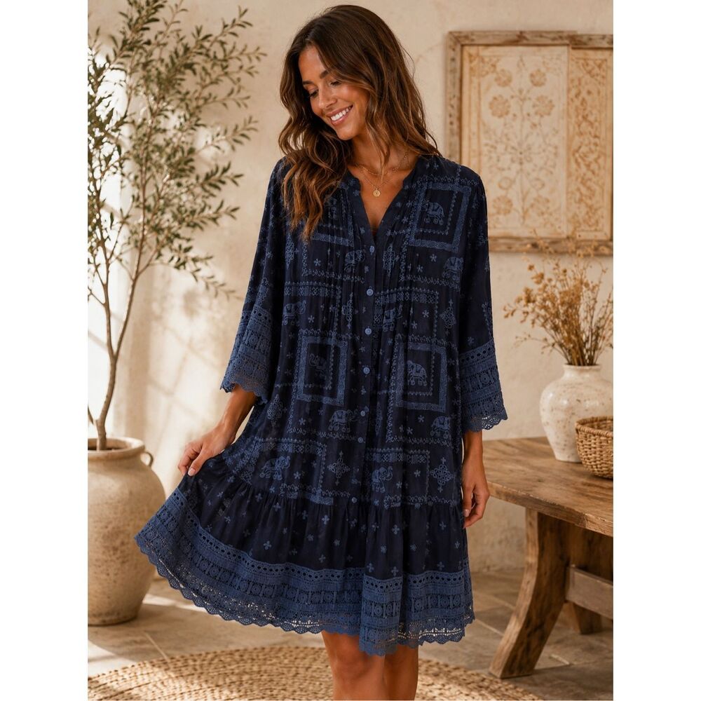 Johnny Was Women's Crochet Trim Button Front Eliyen Swing Dress Blue Night Small